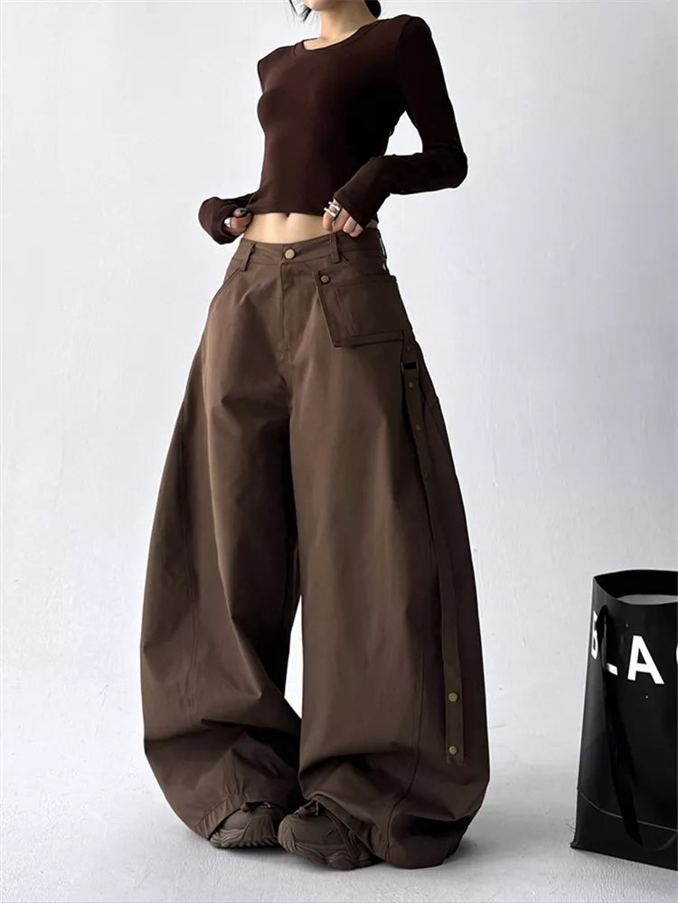 Black Classic High-Waist Wide-Leg Cargo Pants for Women