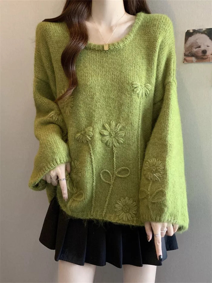 Women's Korean Chic Lime Green Floral Jacquard Knit Sweater Oversized Soft Pullover Winter Top
