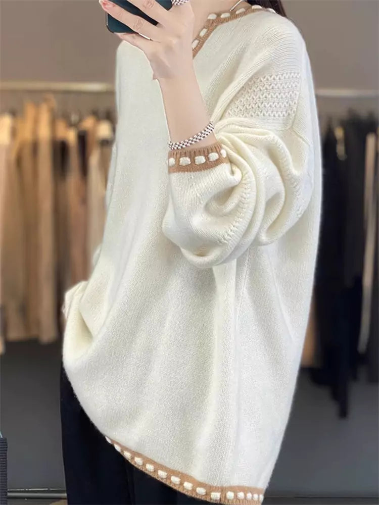 Colorblock Long Knit Sweater for Women – Cozy Oversized Mid-Length Pullover