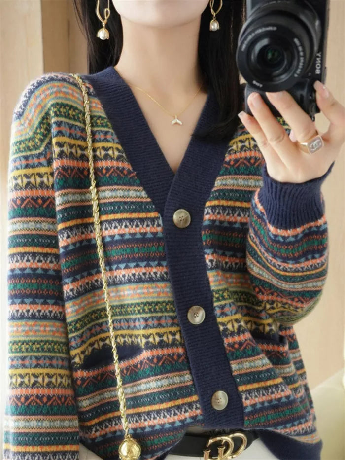 Women's Korean Style Oversized Geometric Striped Cardigan Thick Cashmere Blend V-Neck Knit Sweater Coat