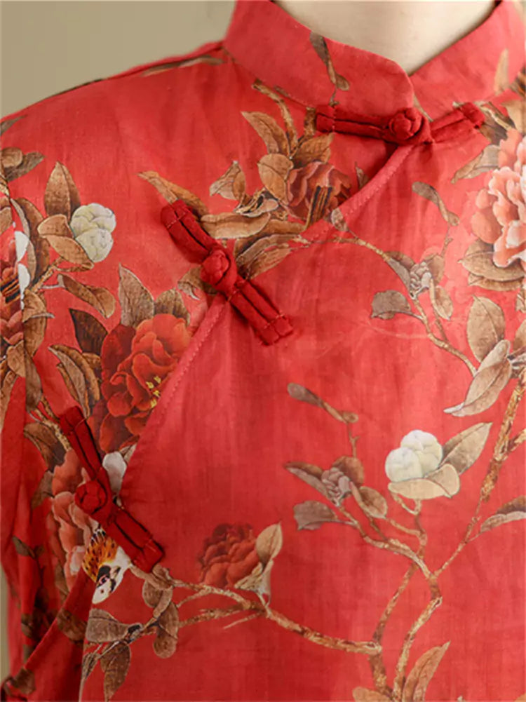 Neue Bluse im chinesischen Stil aus rotem Brokatleinen mit Stehkragen und Froschknöpfen