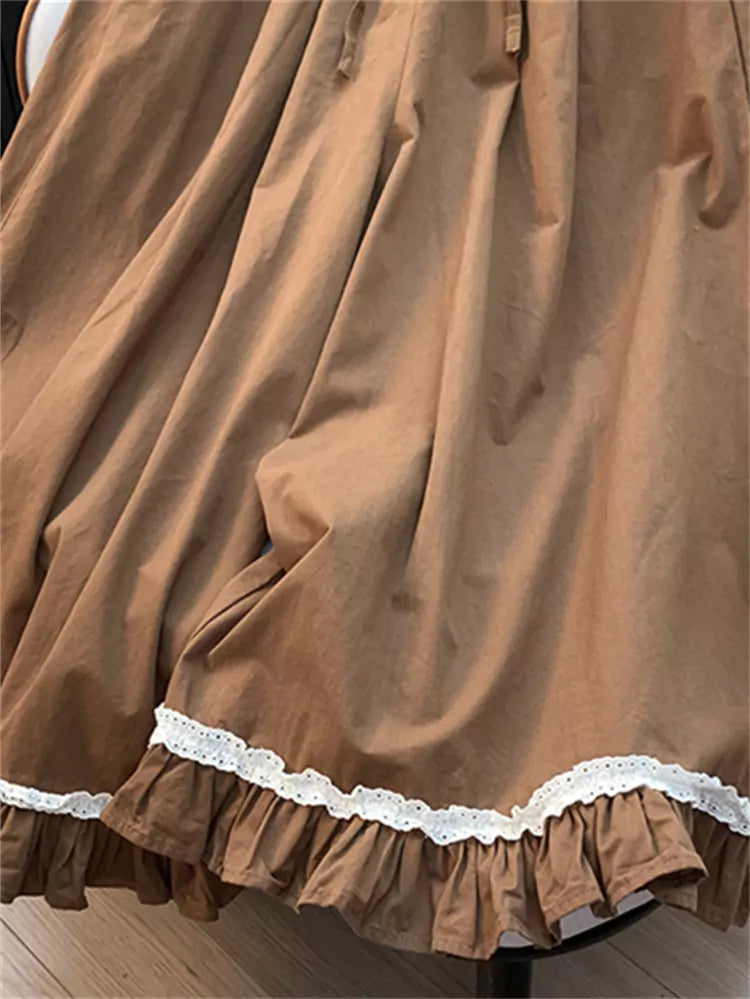 Mori Style Vintage Cotton Ruffle Hem Wide-Leg Cropped Pants for Women