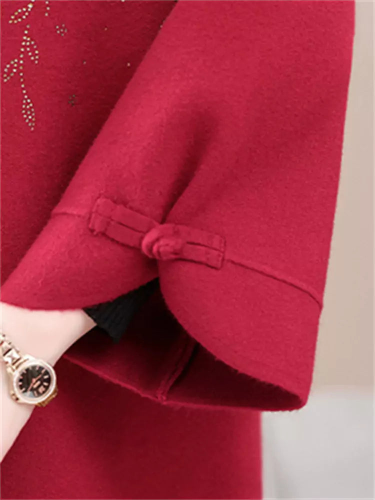 Kaschmirmantel im chinesischen Stil mit Blumenstickerei in Übergröße für Damen