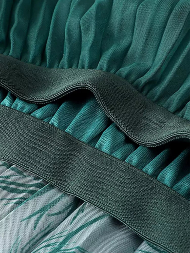 Grüner Ombré-Plissee-Midirock aus Mesh für Damen – Bedrucktes A-Linien-Design mit figurformender Wirkung