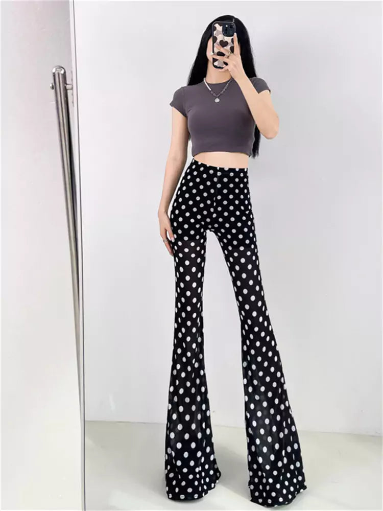 Pantalones acampanados de cintura alta con lunares y malla transparente de verano para mujer