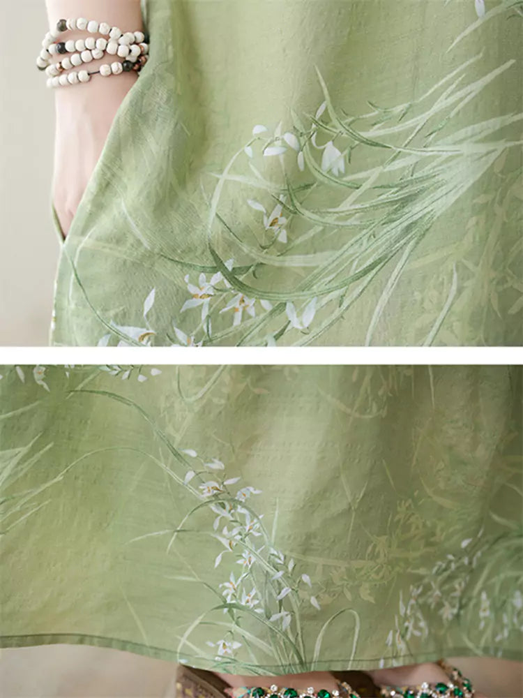 Locker geschnittenes Maxikleid im Vintage-Urlaubsstil aus Baumwoll-Leinen-Mischgewebe mit V-Ausschnitt