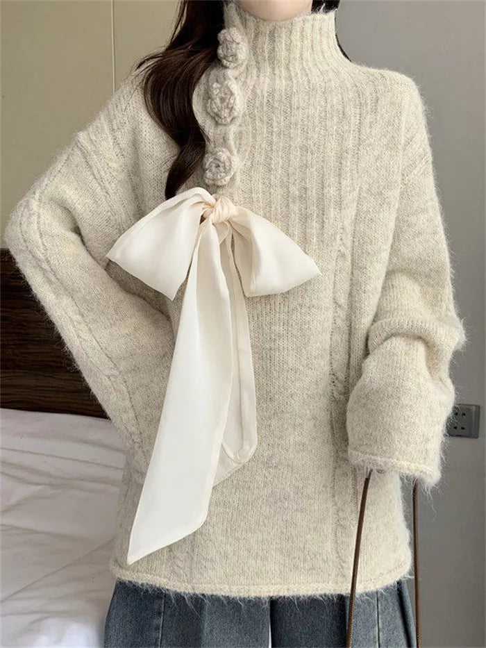 Women's Apricot Mock Neck Knit Sweater Large Satin Bow Tie 3D Rose Button Pullover