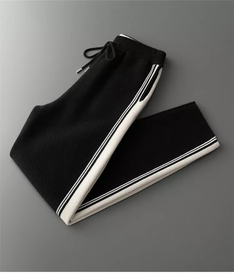 Men's Premium Pure Wool Knitted Tracksuit Set 2-Piece Striped Zip-Up Hoodie & Joggers