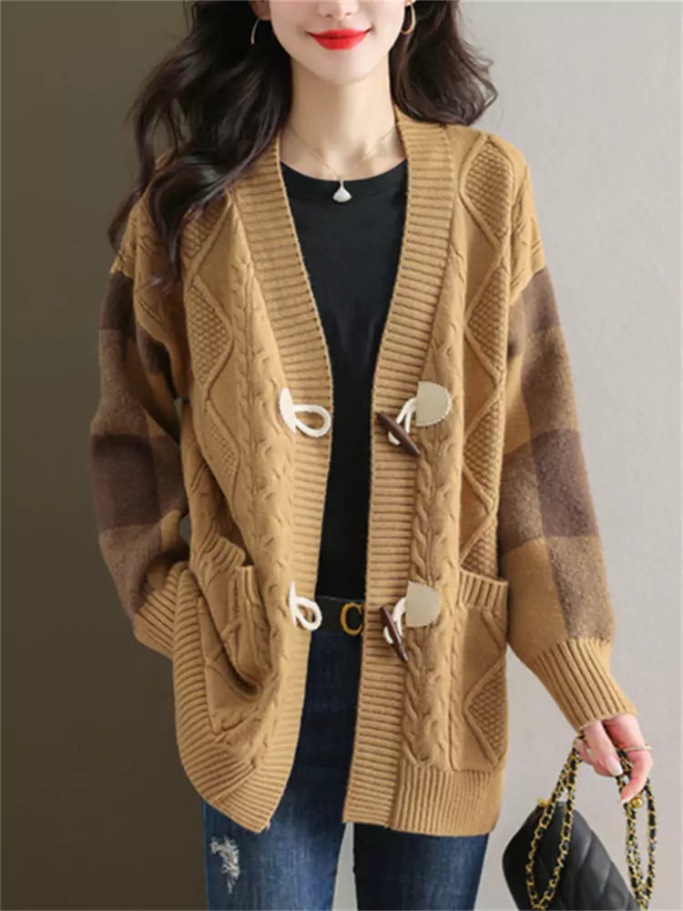 Cárdigan de punto trenzado de longitud media para mujer: abrigo holgado de otoño