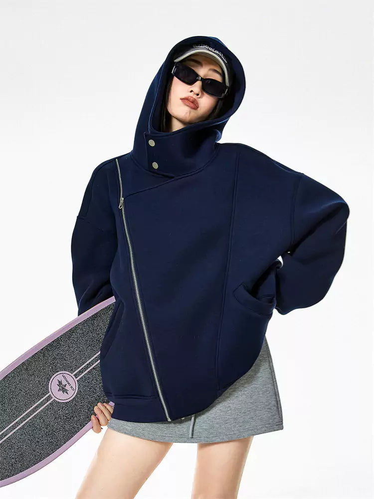 Sudadera con capucha asimétrica con cremallera gris claro vintage para mujer