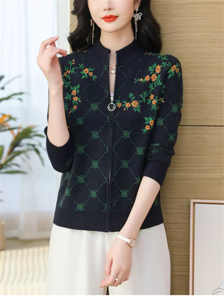 Elegante cárdigan de lana con cremallera y bordado para mujer