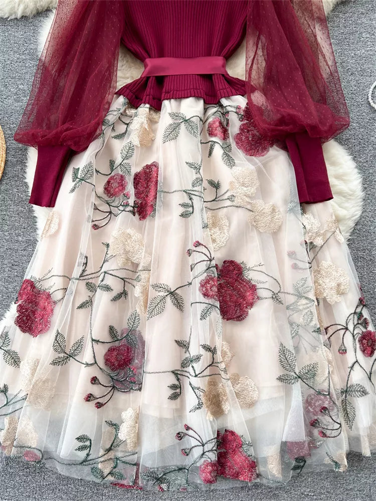 Elegant French Style Knitted Spliced Floral Mesh Dress