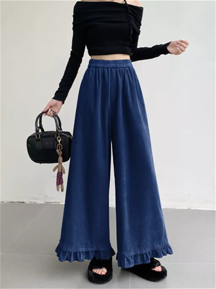 Pantalones anchos de pana rosa con volantes para mujer