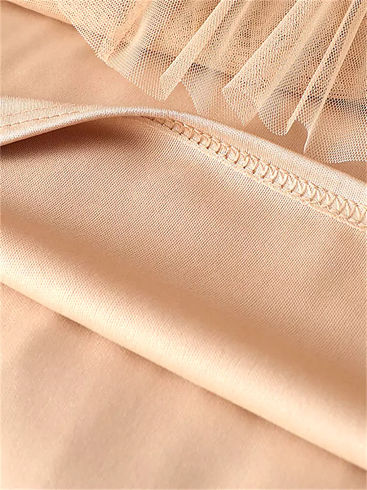 Eleganter, aprikosenfarbener, hochwertiger, mehrlagiger A-Linien-Rock aus Mesh für Damen