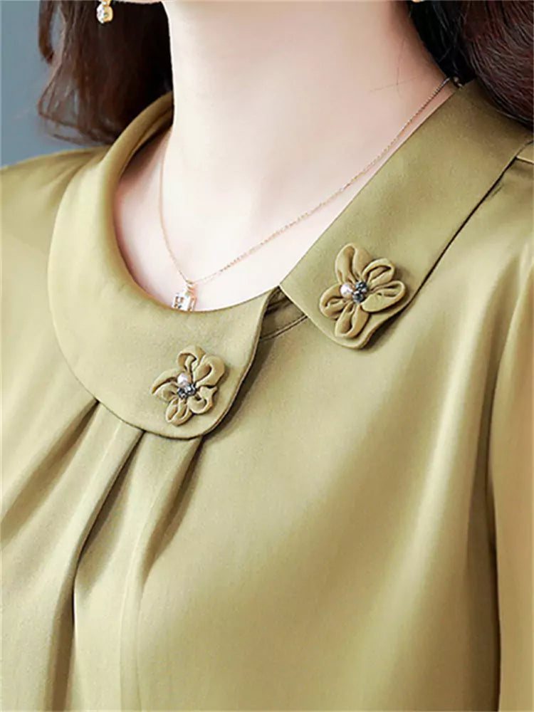 Summer Mulberry Silk Blouse with Peter Pan Collar & 3/4 Sleeves for Women