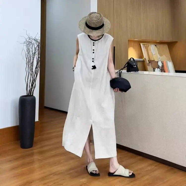 French Linen Sleeveless Midi Dress with Side Slit