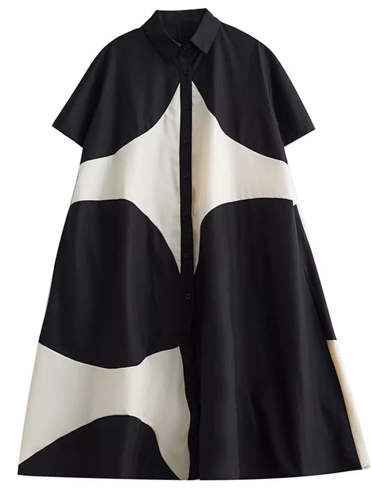 Chic Contrast Color Printed Patchwork Shirt Dress