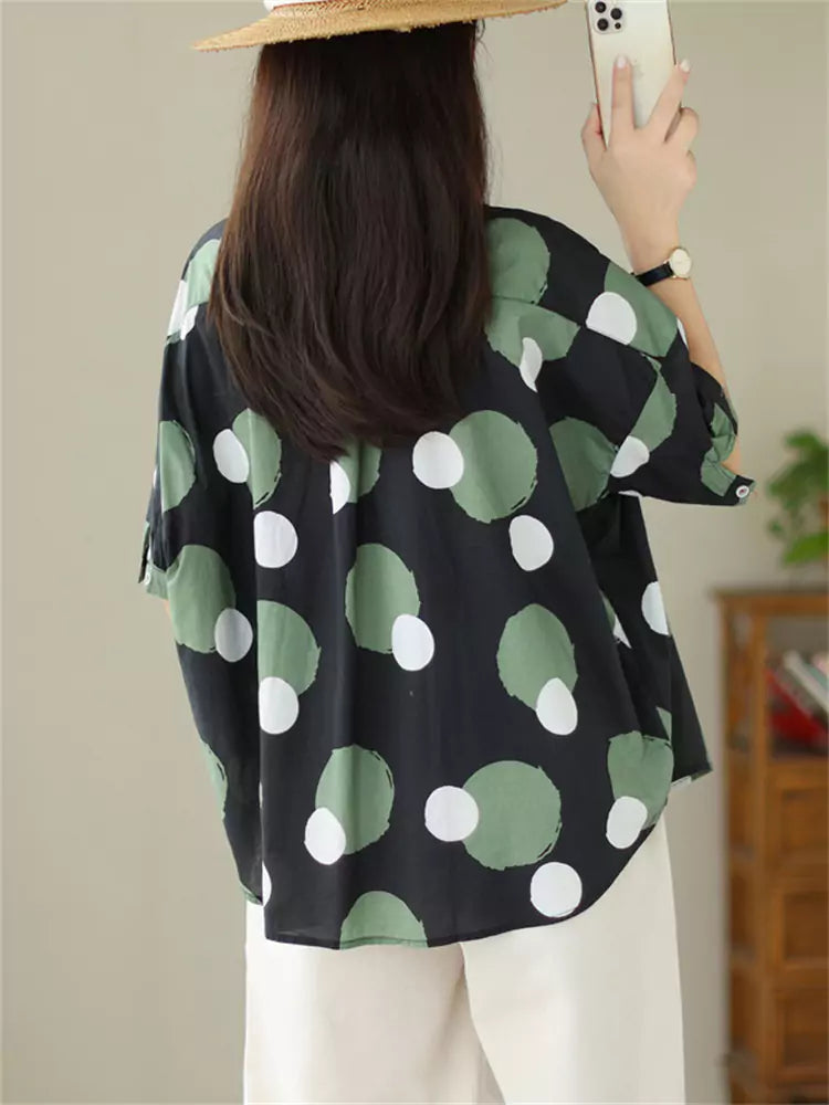 Women's Korean Style Preppy Color Block Polka Dot Short Sleeve Shirt