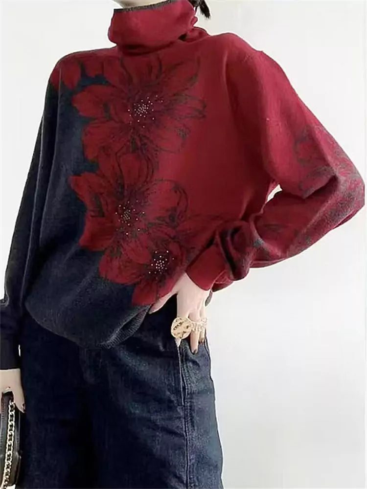 Floral Print Color Block Turtleneck Knit Pullover Sweater