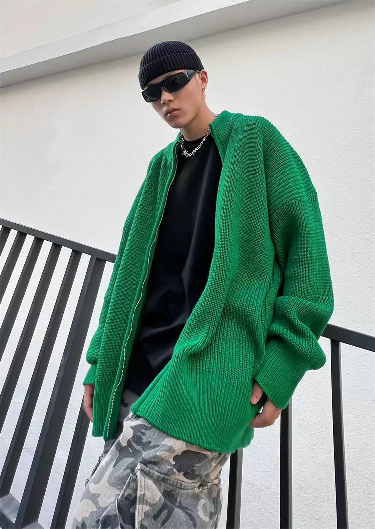 Oversize-Streetwear-Strickjacke für Herren, einfarbig, mit Reißverschluss