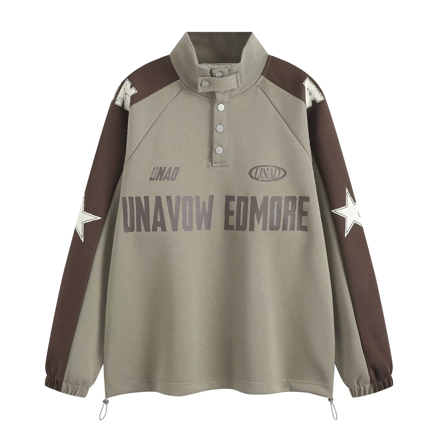 Sudadera retro con cuello alto, botones y estrellas en bloques de color