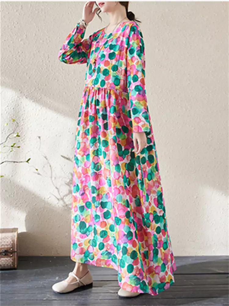 Vestido largo retro de algodón con cuello redondo y estampado de manga larga