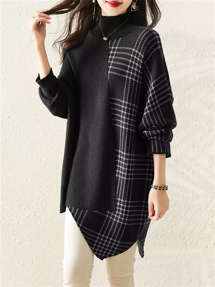 Damen-Rollkragenpulloverkleid mit asymmetrischem Karomuster – mittellang, dick gefüttert, lässiger Herbst-Winter-Stil