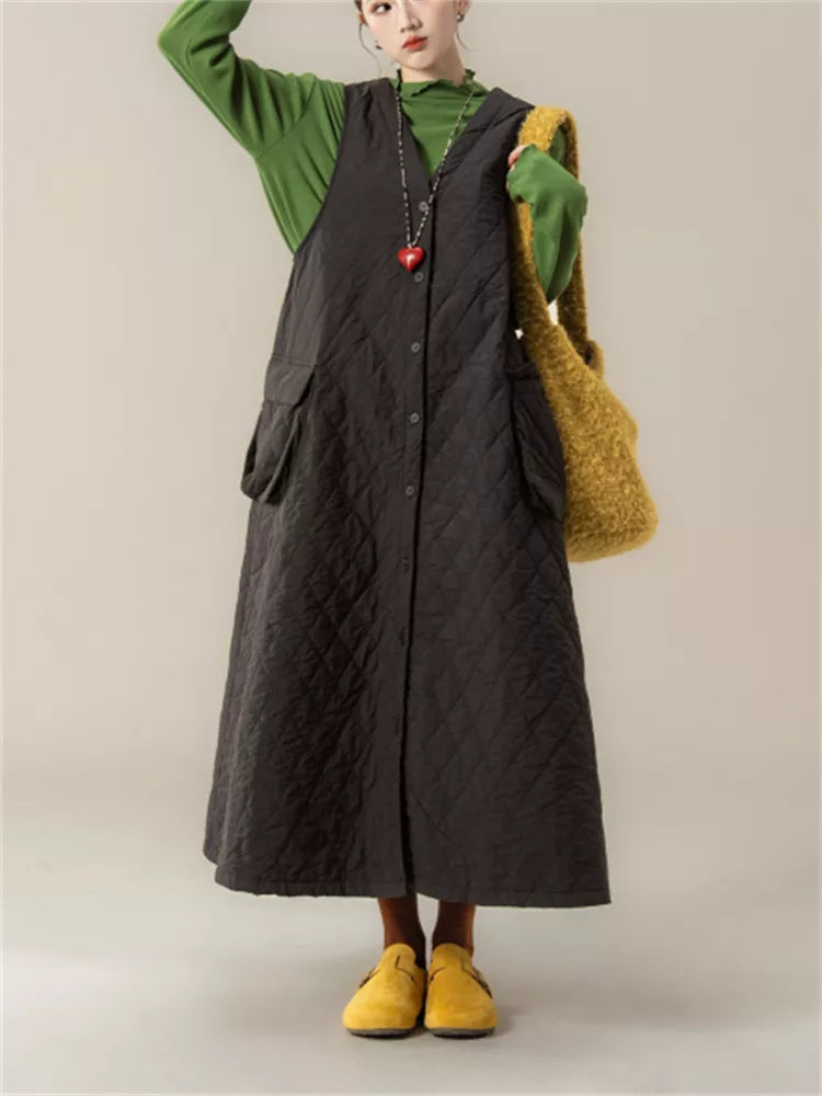 Women's Vintage Beige Diamond Quilted Vest Dress V-Neck Sleeveless Padded Pinafore