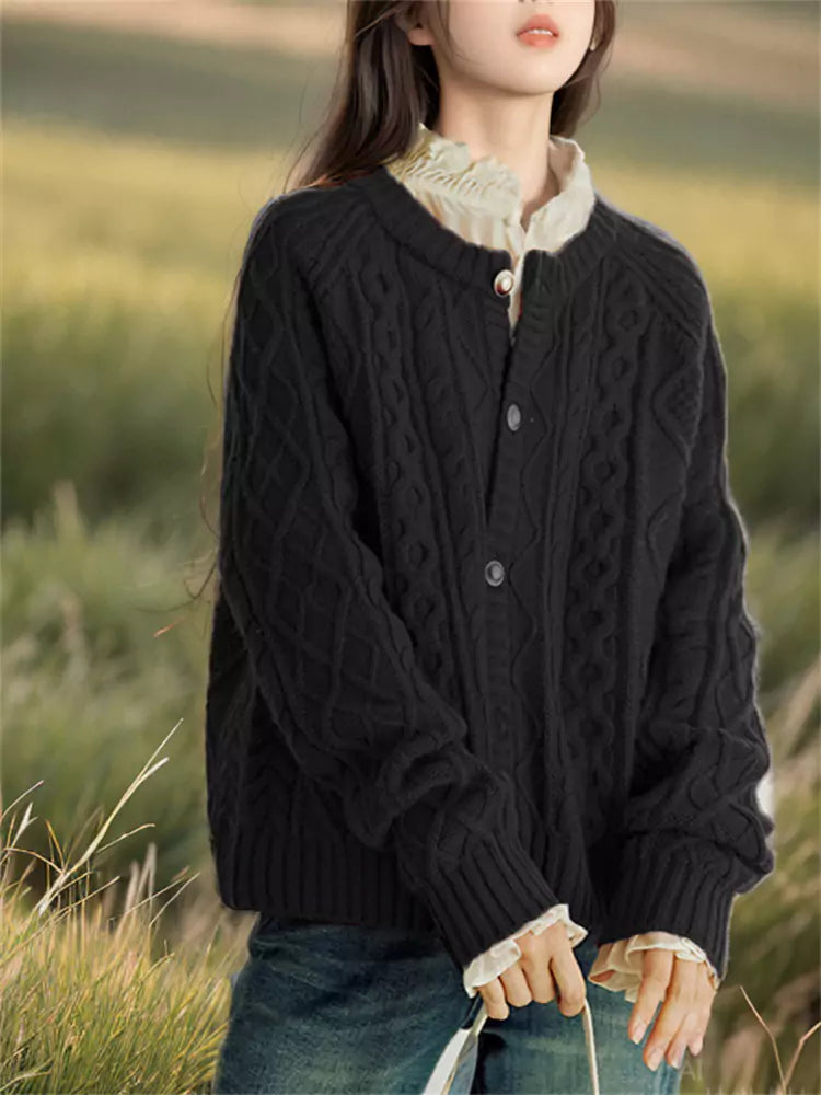 Cárdigan corto de punto grueso con cuello redondo rojo para mujer