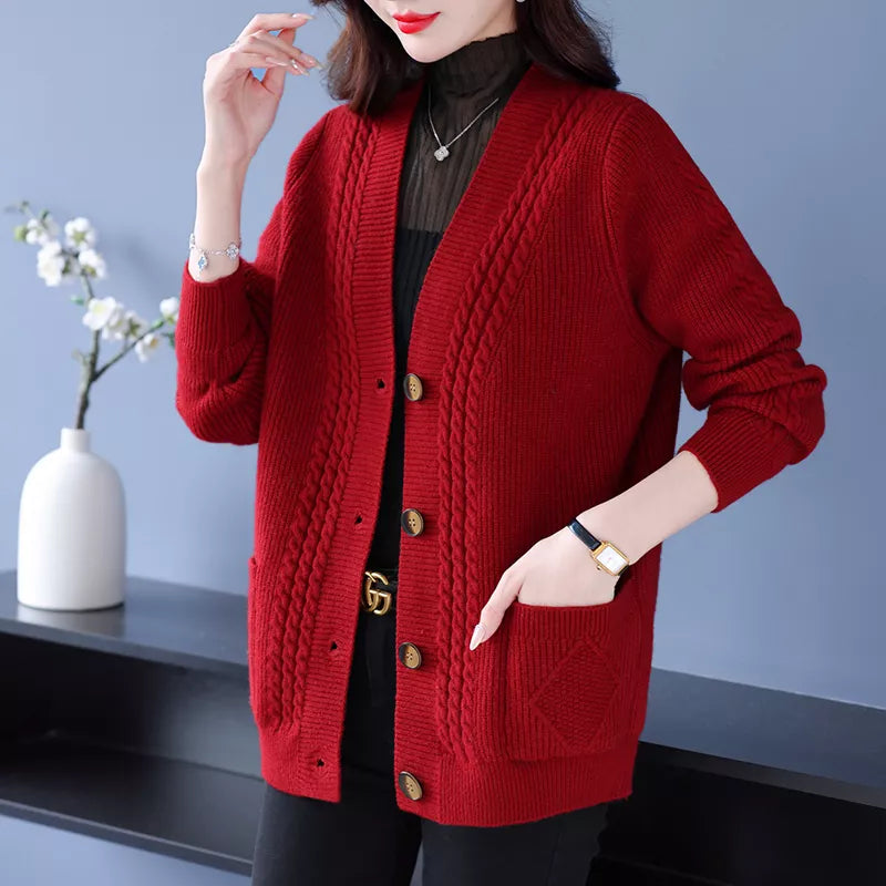 Elegante cárdigan de punto con cuello en V en color liso para mujer