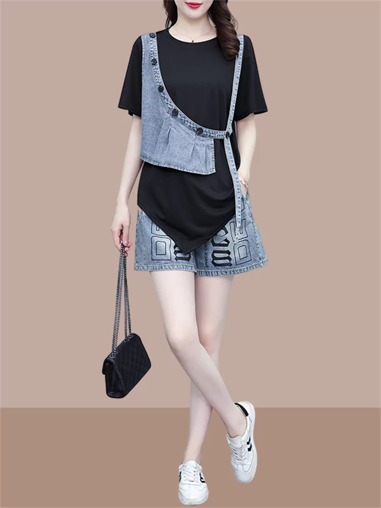 Modisches Kurzarm-T-Shirt mit asymmetrischem Patchwork-Muster in Zweiteiler-Optik für Damen