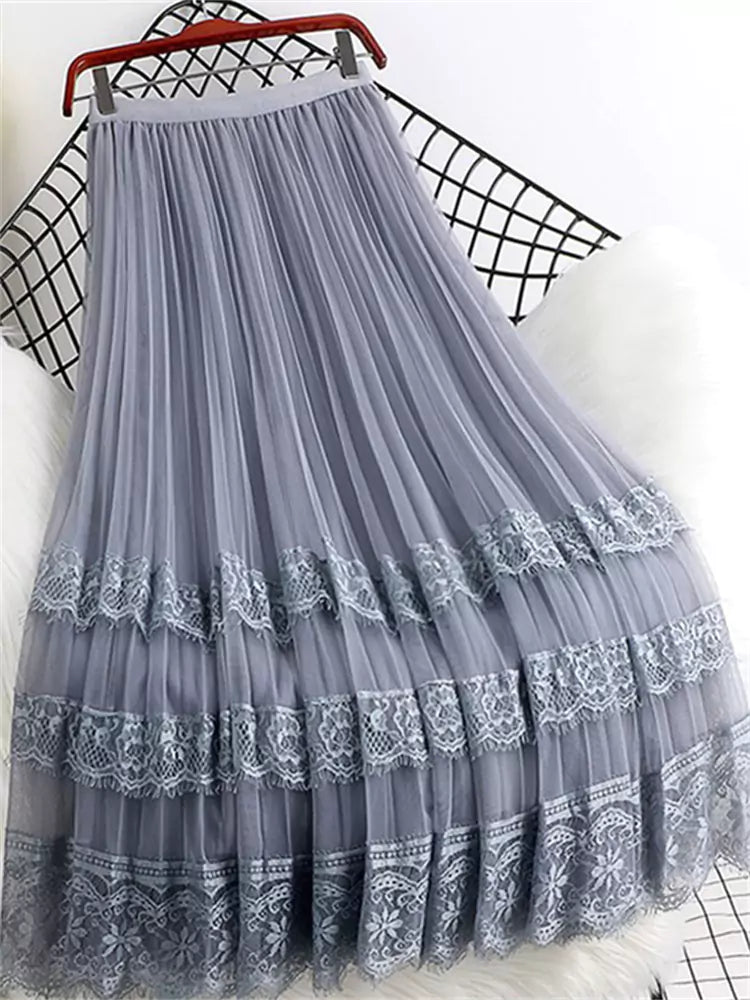 Plus Size A-Linien-Rock aus Mesh mit Spitzeneinsatz und Falten, Midi-Länge, plissiert, aus Spitze und Mesh in verschiedenen Größen