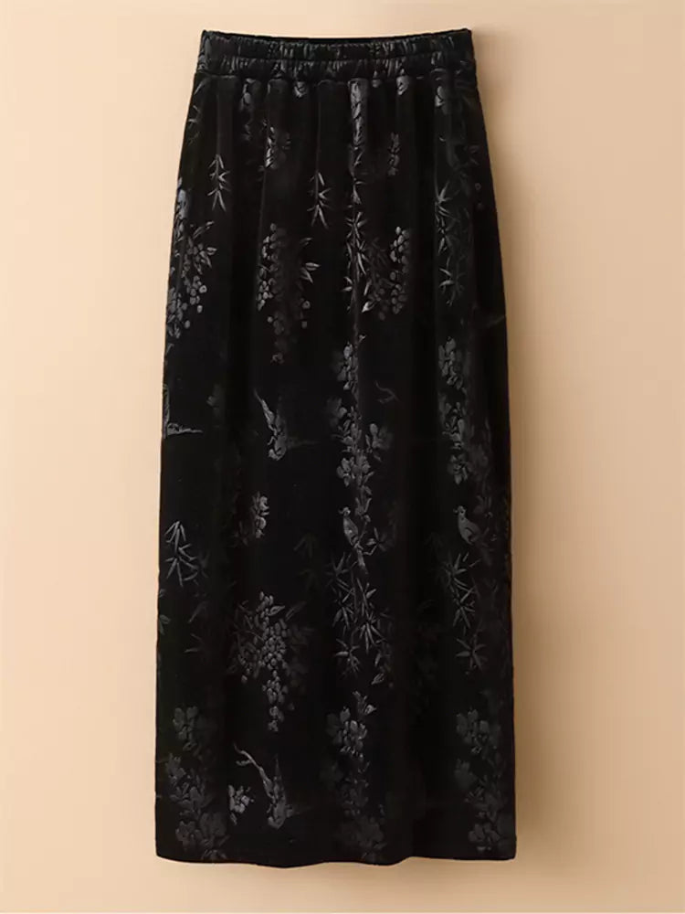 Vintage-Rock im chinesischen Stil aus besticktem Samt in A-Linie mit Schlitz