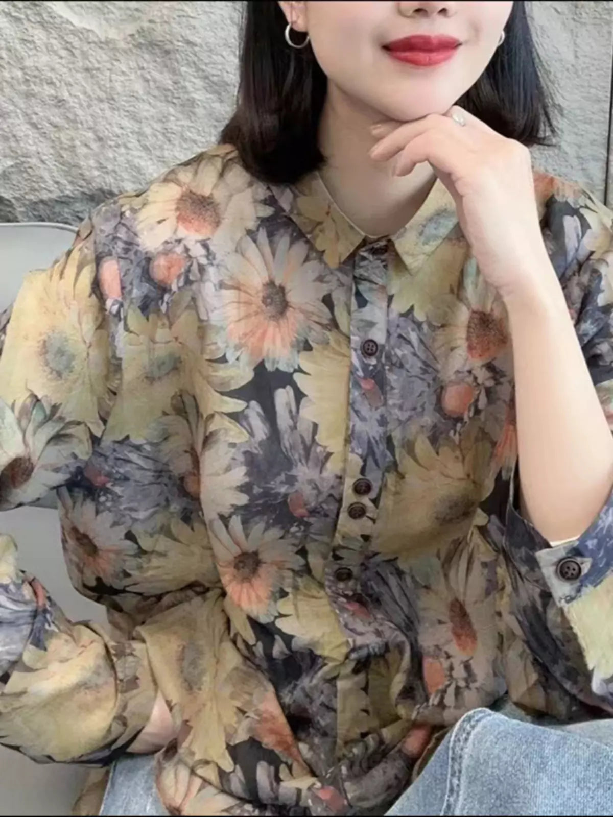 Vintage Cotton Linen Shirt with Floral Print