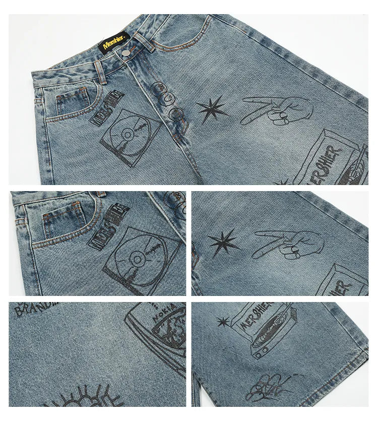 Vintage Designer Graffiti Denim Wide Leg Shorts BLAB