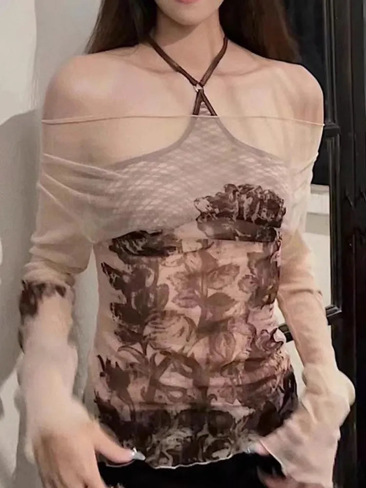 Vintage-Top mit Blumenmuster, Cut-Out-Schultern und langen Ärmeln aus Mesh