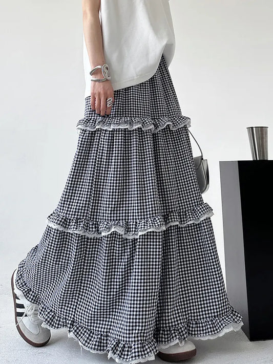 Vintage Lace Trim Gingham Smocked Maxi Skirt