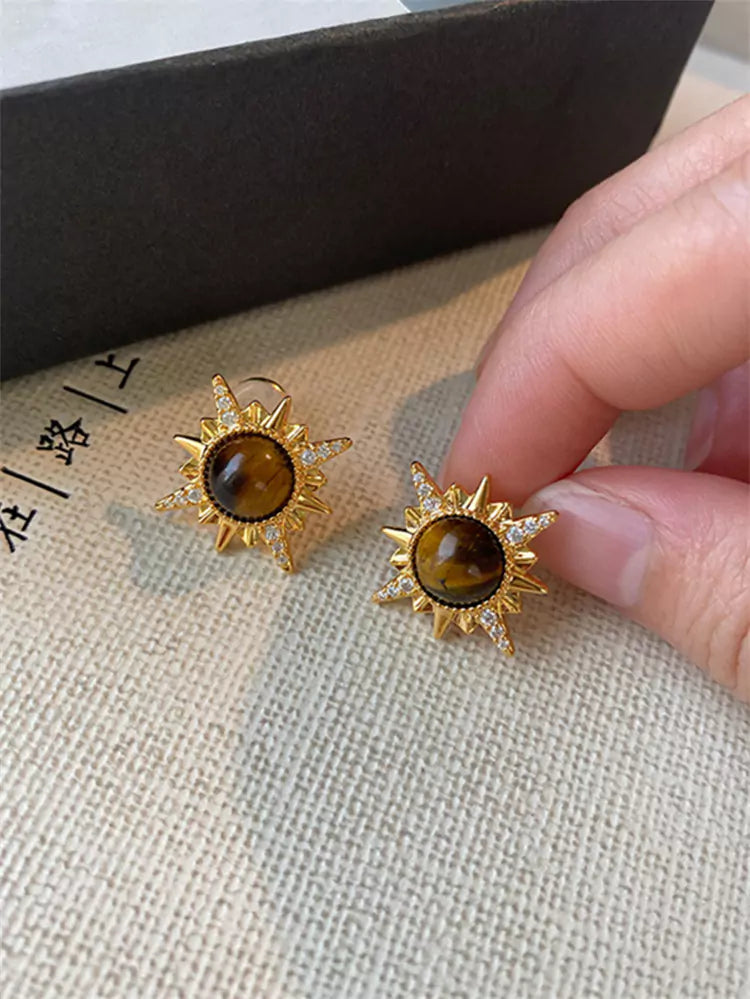 Tiger Eye and Gold Sunflower Earrings