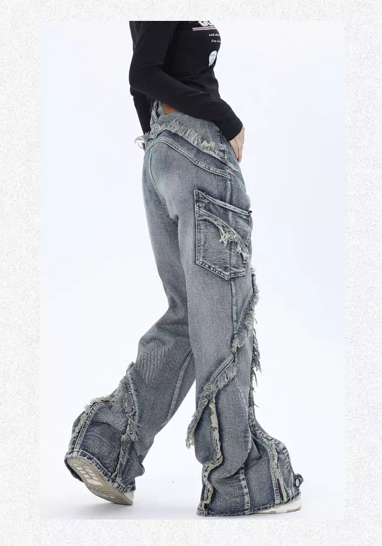 Vintage-Jeans mit ausgewaschenem Patchwork-Design und ausgefranstem, geradem Bein