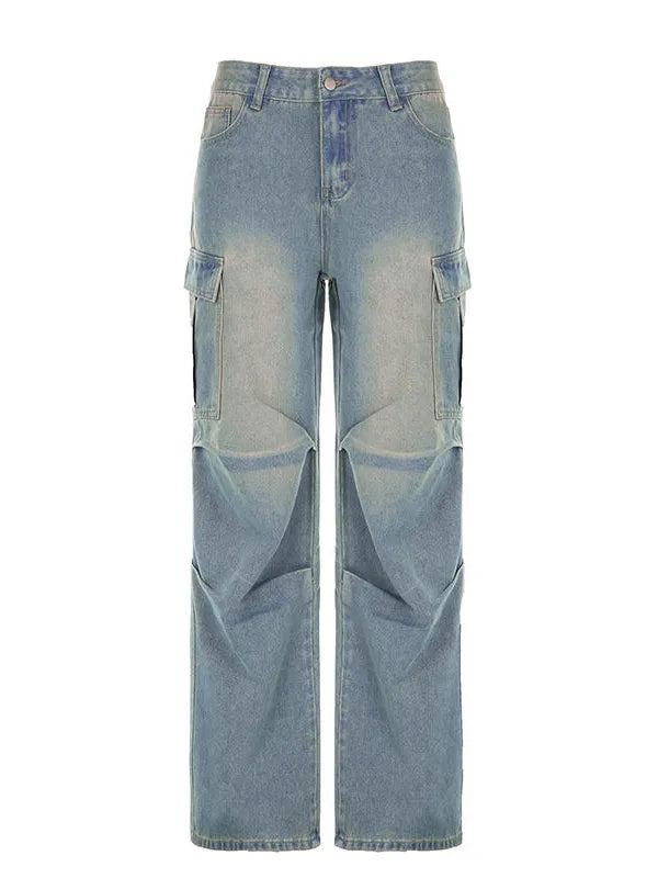 Vintage Washed Ruched Baggy Cargo Jeans