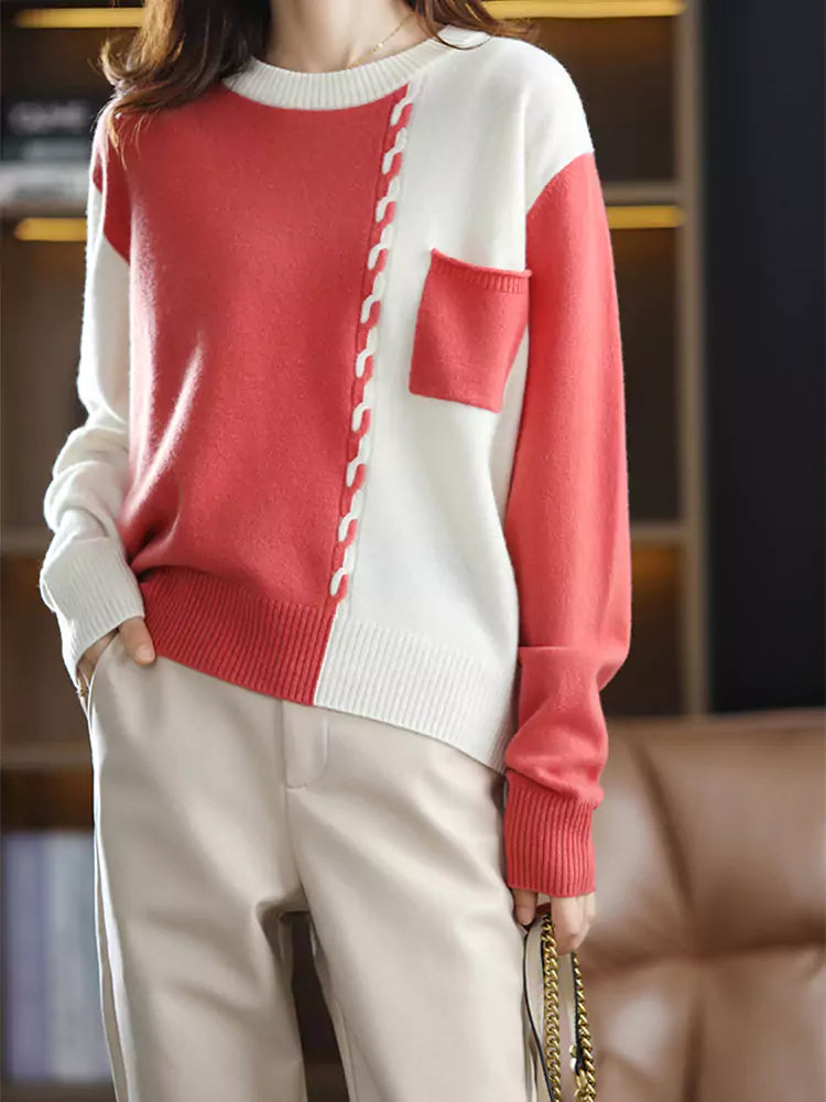 Women's Color Block Crew Neck Cashmere Sweater