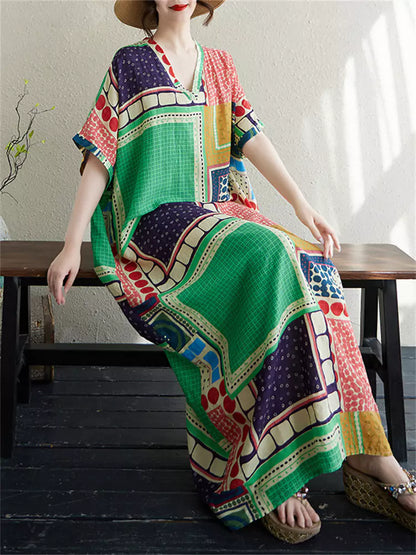 Vintage Maxikleid aus Baumwoll-Leinen-Mischgewebe mit V-Ausschnitt und lockerer Passform im Boho-Stil – perfekt für Strand und Urlaub