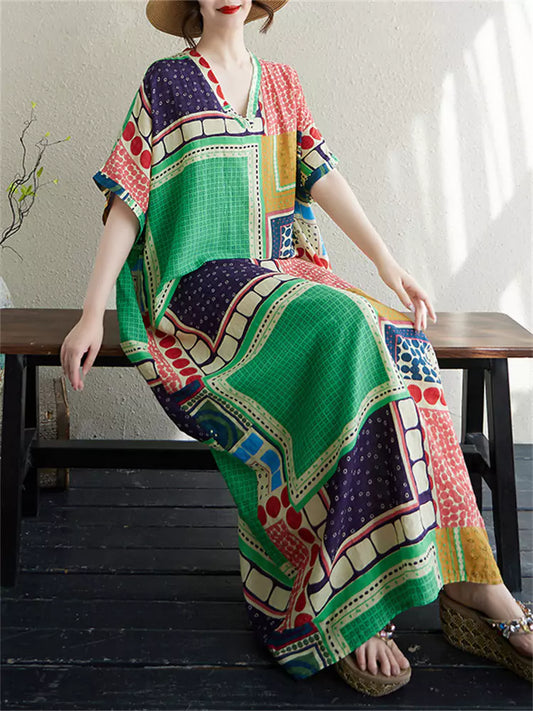 Vintage Maxikleid aus Baumwoll-Leinen-Mischgewebe mit V-Ausschnitt und lockerer Passform im Boho-Stil – perfekt für Strand und Urlaub