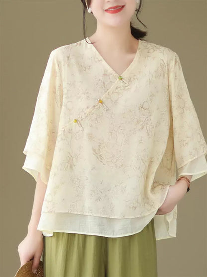 Neues chinesisches Baumwoll-Leinen-Hemd mit V-Ausschnitt, schräger Knopfleiste und Knotenknöpfen