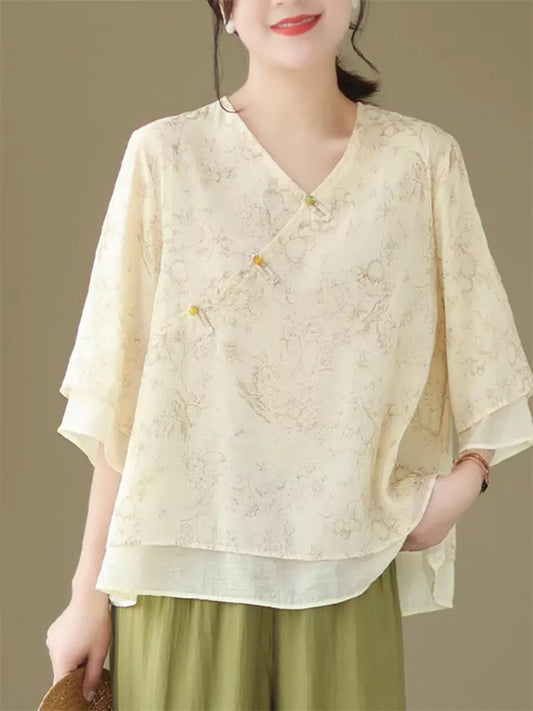 New Chinese Style Cotton Linen V-Neck Shirt with Oblique Placket & Knot Buttons