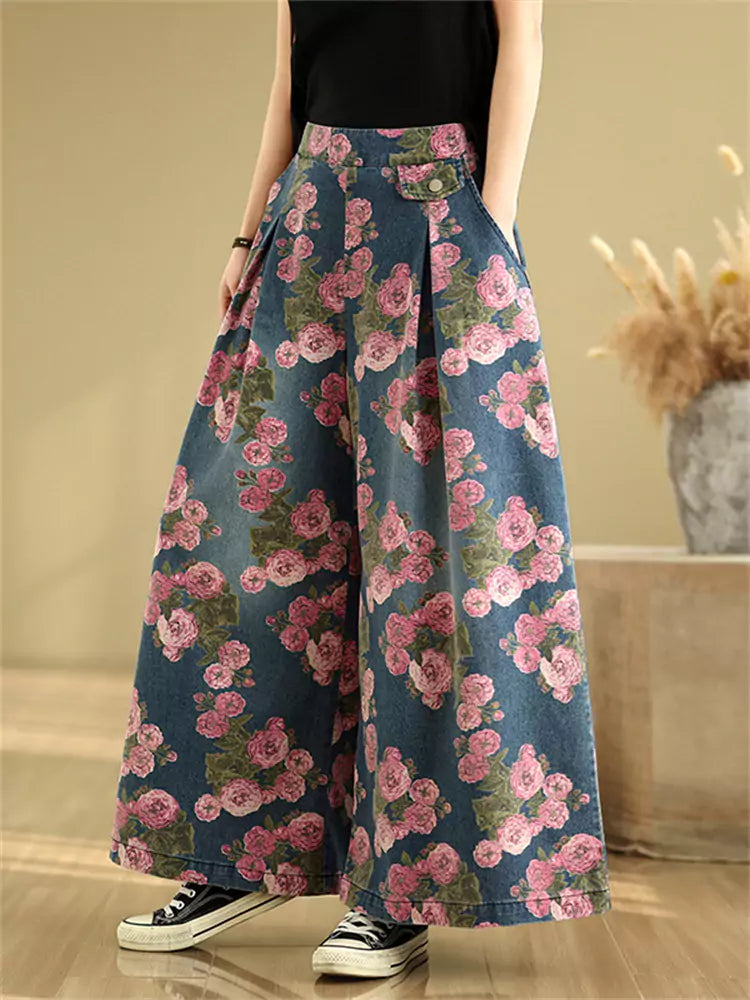 Plus Size Vintage Floral Printed Denim Wide Leg Pants for Women