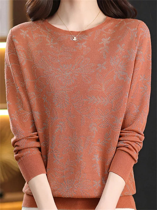 Elegante top de punto jacquard con cuello redondo para mujer