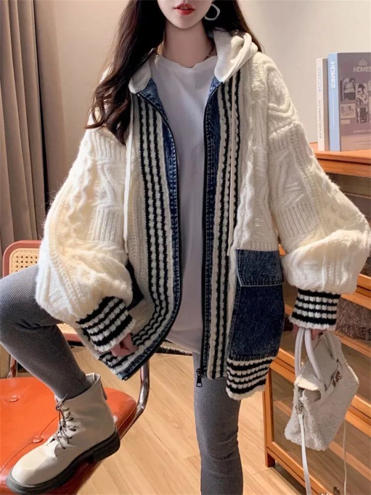 Cárdigan de punto trenzado con patchwork de mezclilla para mujer - Abrigo tipo suéter con capucha y cremallera