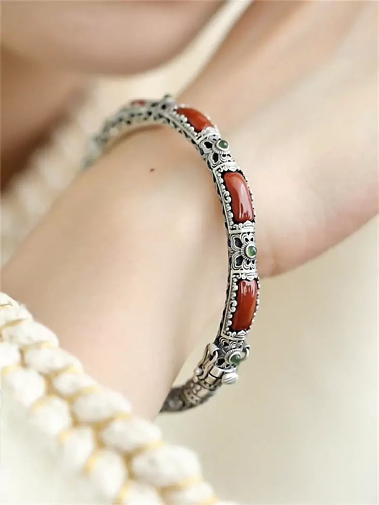 Chinese-Inspired Sterling Silver Bracelet Bangle with South Red Agate and Openwork