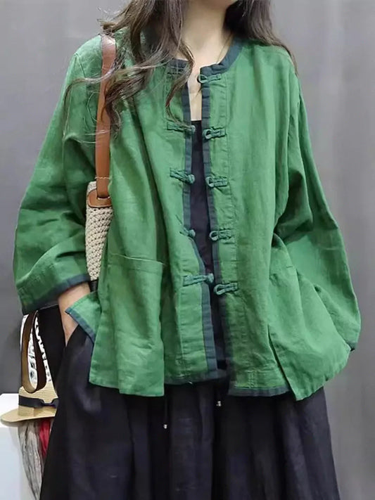 Chic Chinese Style Green Round Neck Loose Fit Linen Blouse